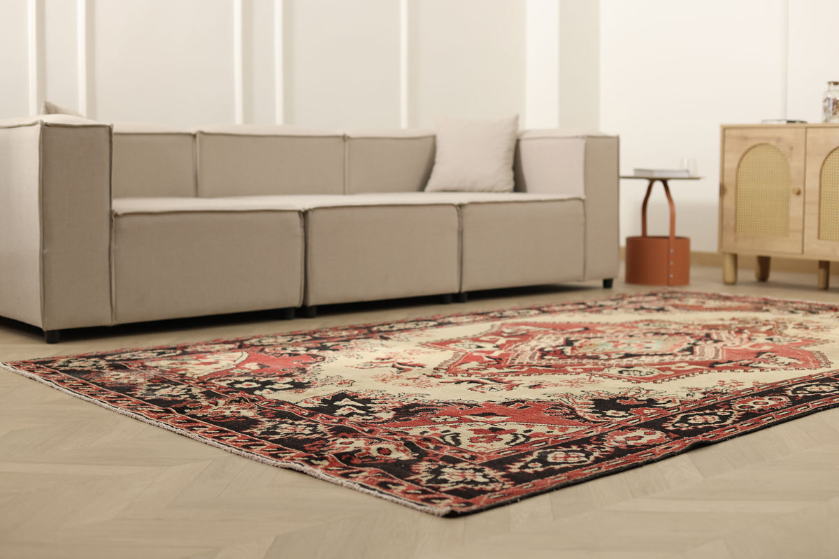 Vintage Sivas Turkish Area Rug 6x10 ft — Red & Beige Floral (No. 56078)