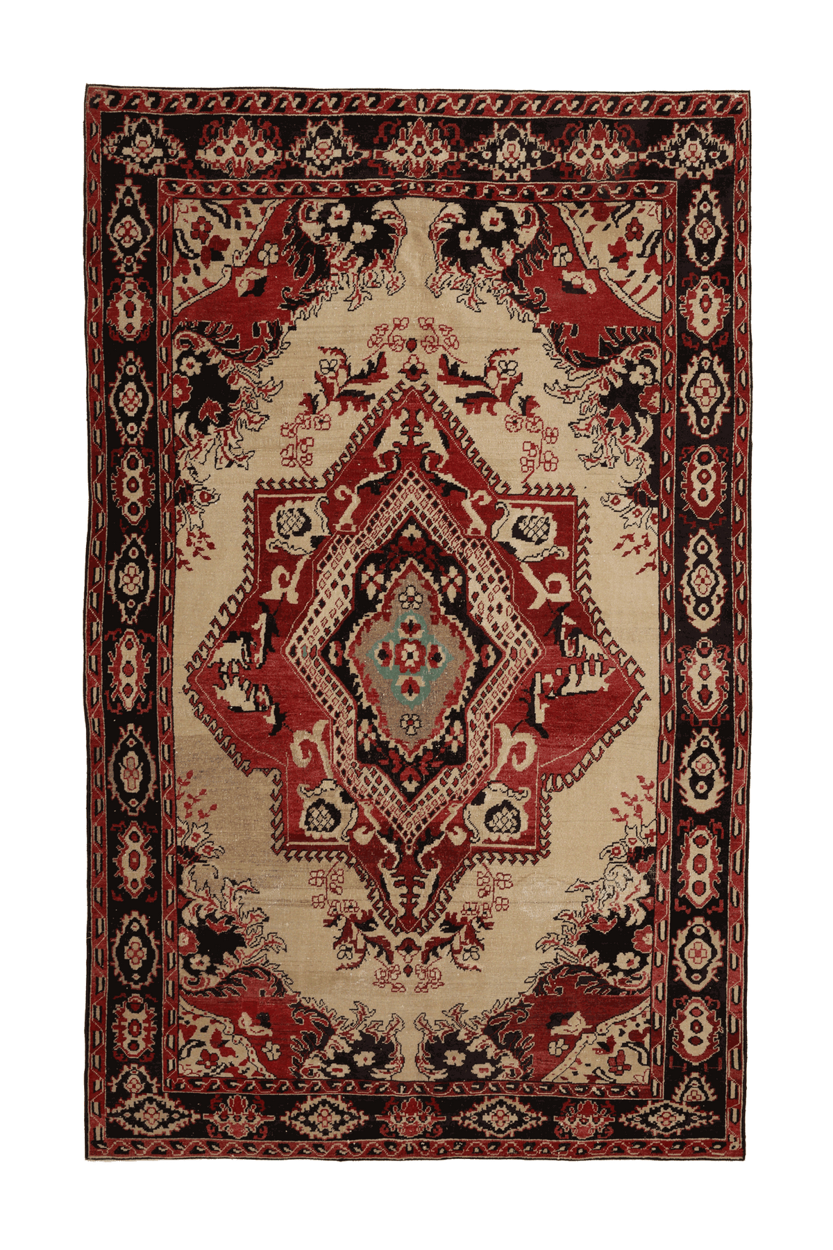 A traditional Persian-style area rug with an intricate geometric and floral pattern, featuring a central medallion and ornate borders in red, beige, black, and blue.