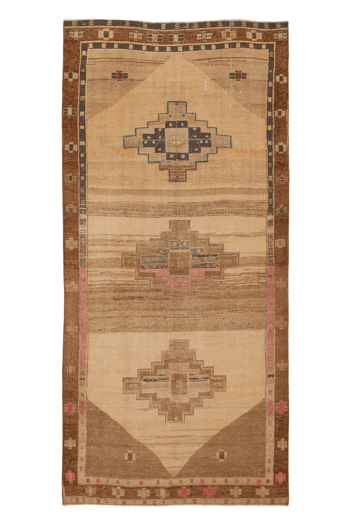 Vintage Kars Turkish Runner Rug 5x10 ft — Beige & Brown Geometric