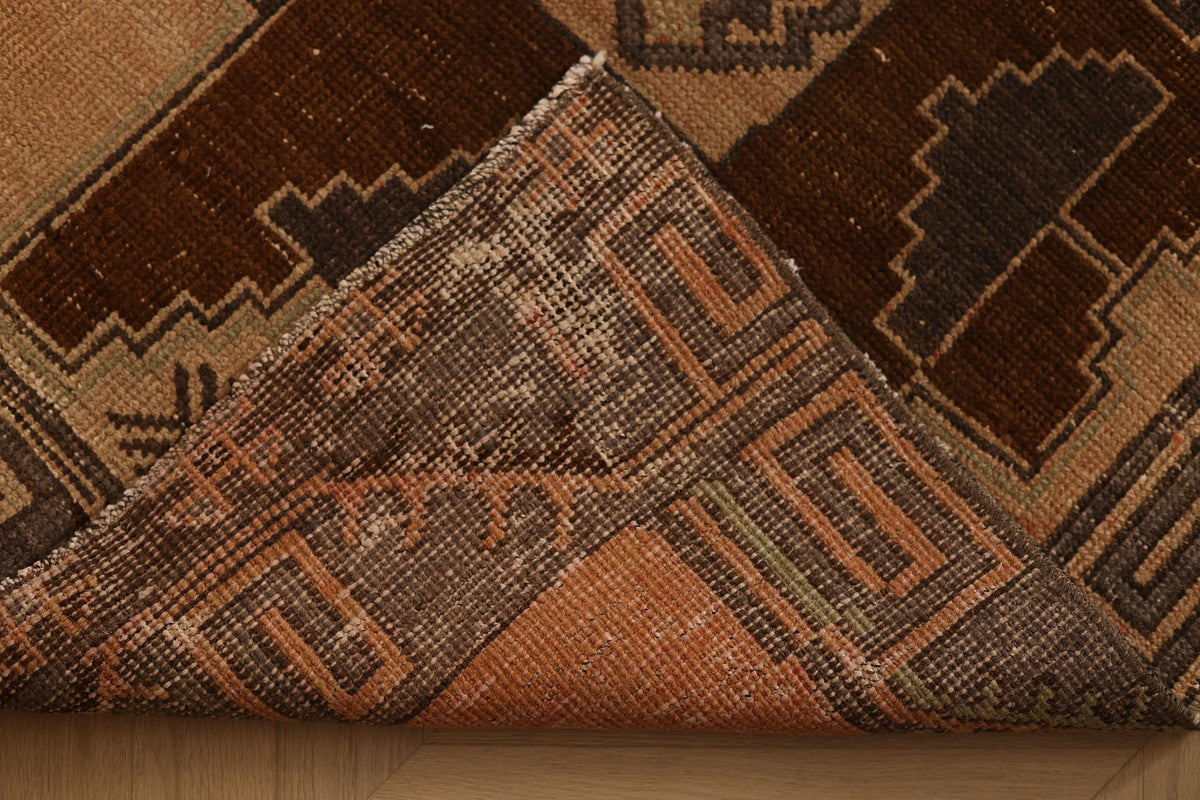 Vintage Malatya Turkish Runner Rug 3x12 ft — Brown & Beige Geometric