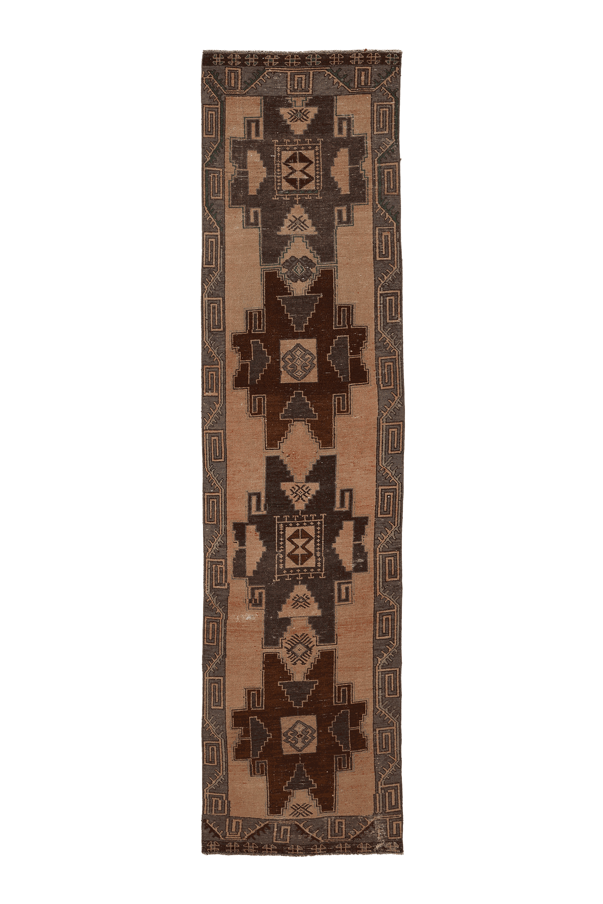 Vintage Malatya Turkish Runner Rug 3x12 ft — Brown & Beige Geometric