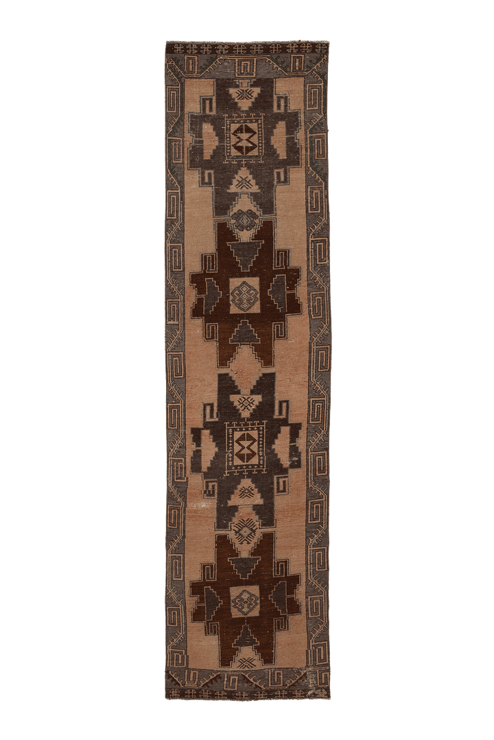 Vintage Malatya Turkish Runner Rug 3x12 ft — Brown & Beige Geometric