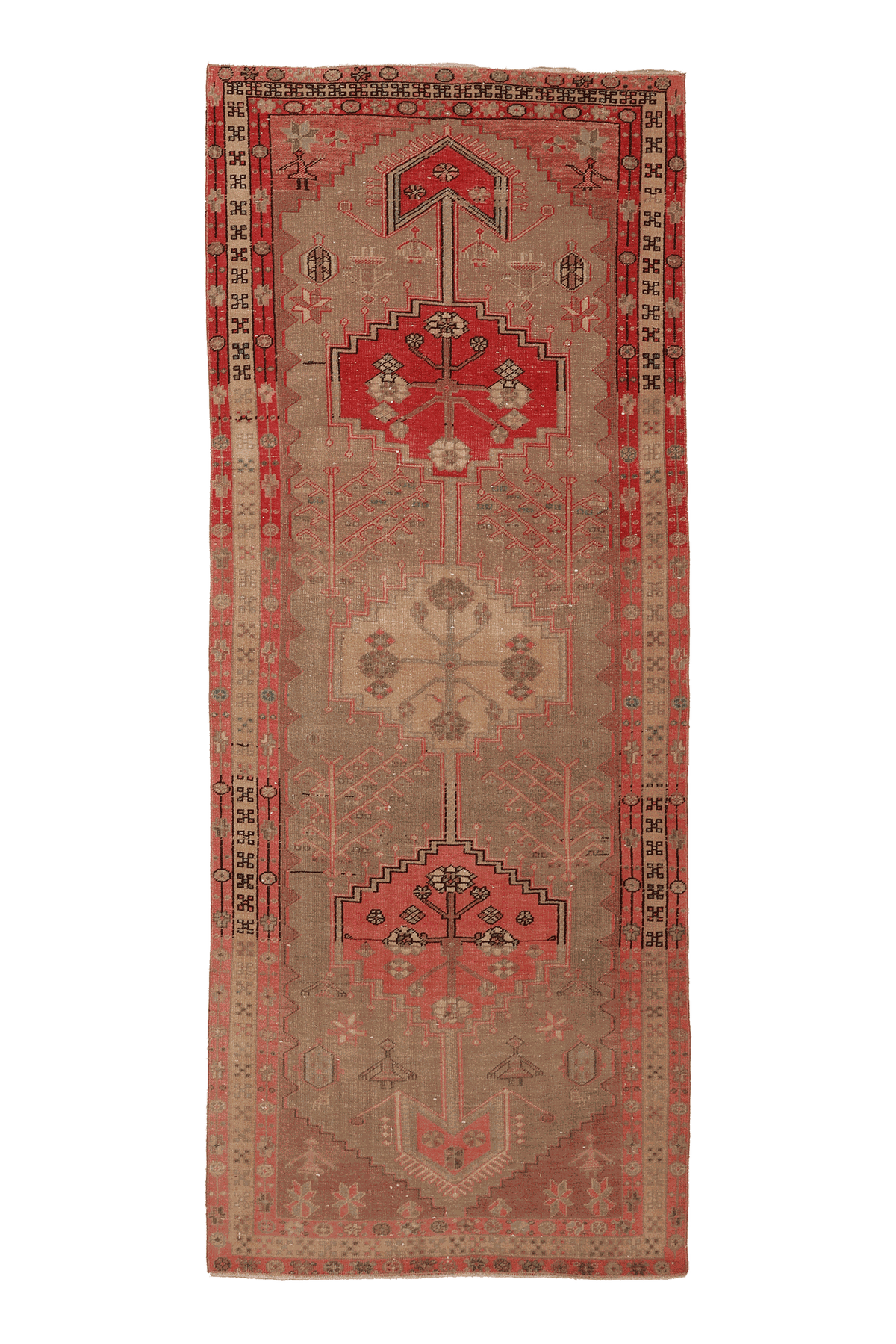 Vintage Southeastern Persian Style Runner Rug 4x9 ft — Brown & Red Geometric