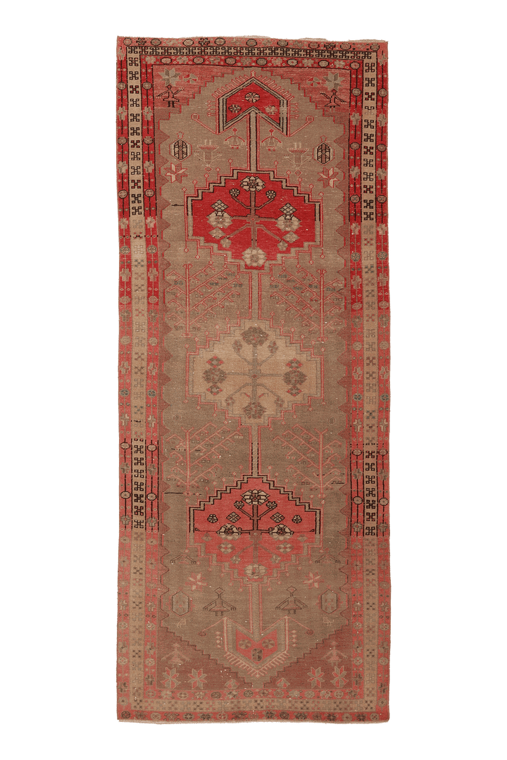 Vintage Southeastern Persian Style Runner Rug 4x9 ft — Brown & Red Geometric
