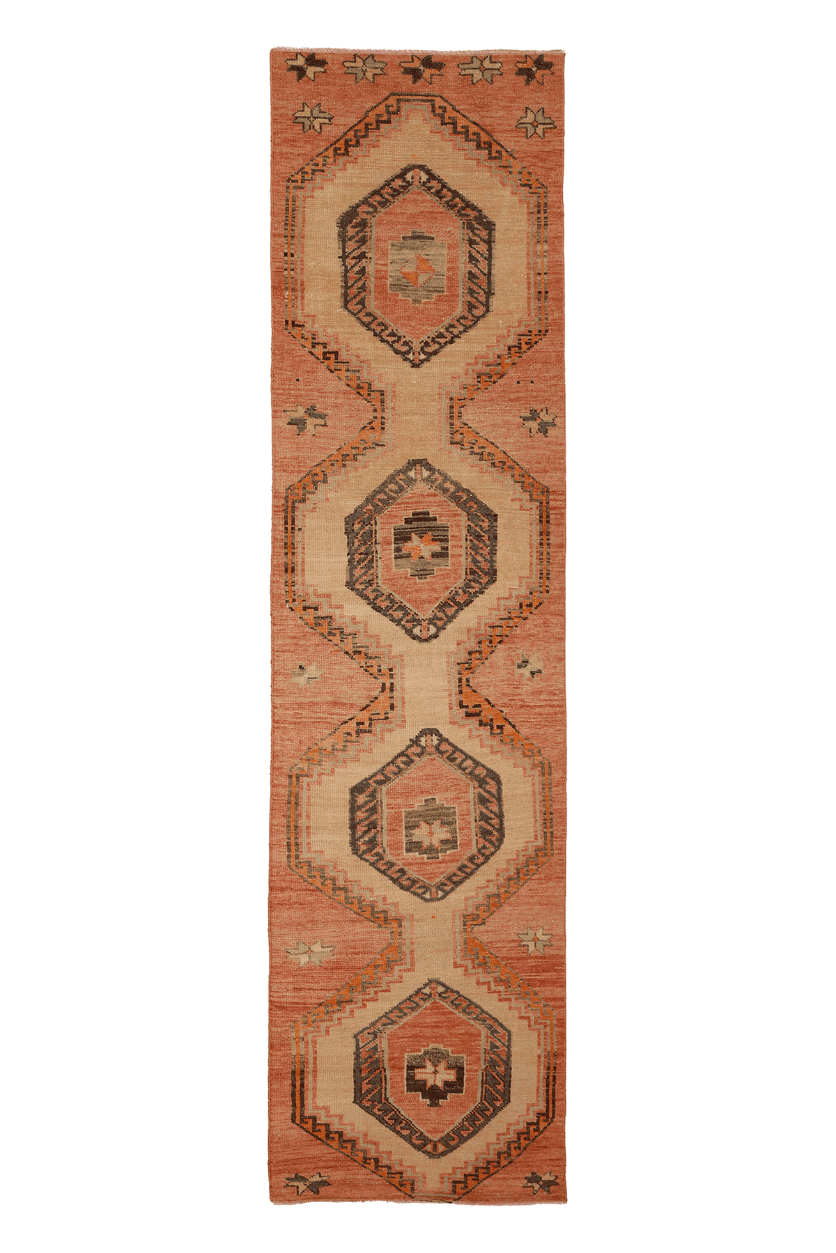 Vintage Malatya Turkish Runner Rug 3x11 ft — Orange & Beige Geometric