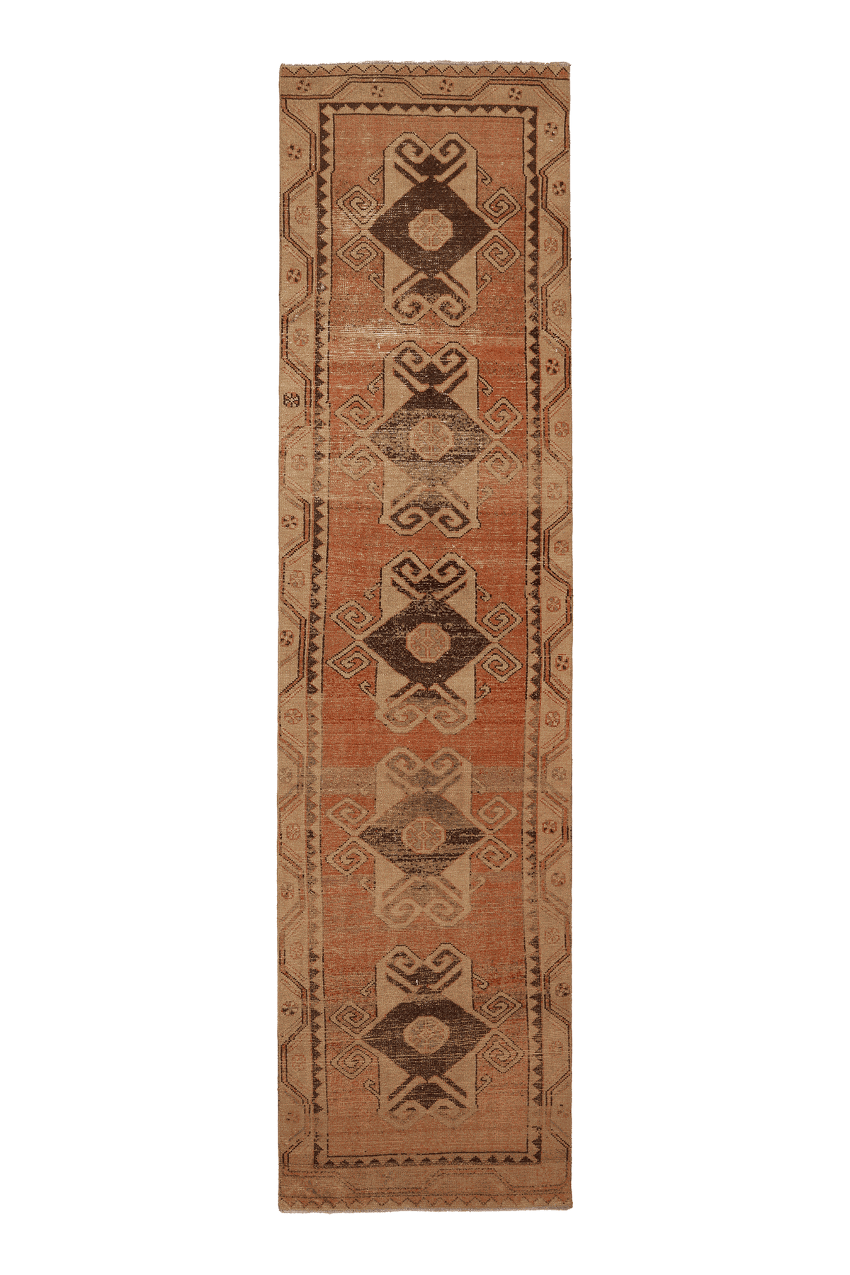 Vintage Malatya Turkish Runner Rug 3x12 ft — Orange & Brown Geometric
