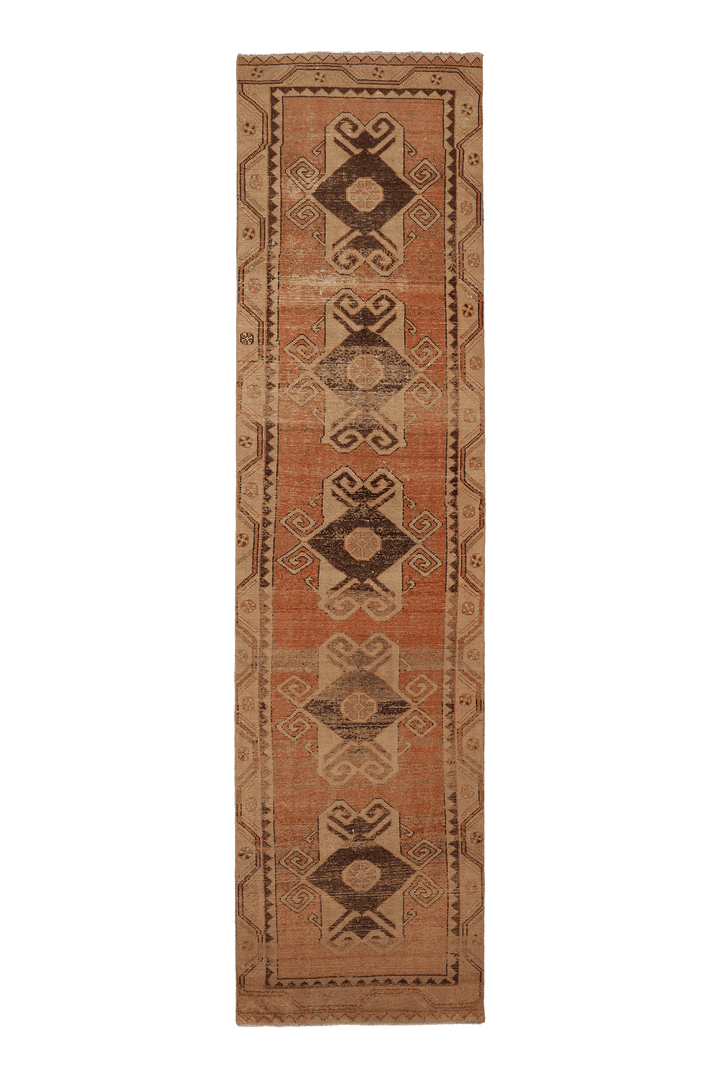 Vintage Malatya Turkish Runner Rug 3x12 ft — Orange & Brown Geometric