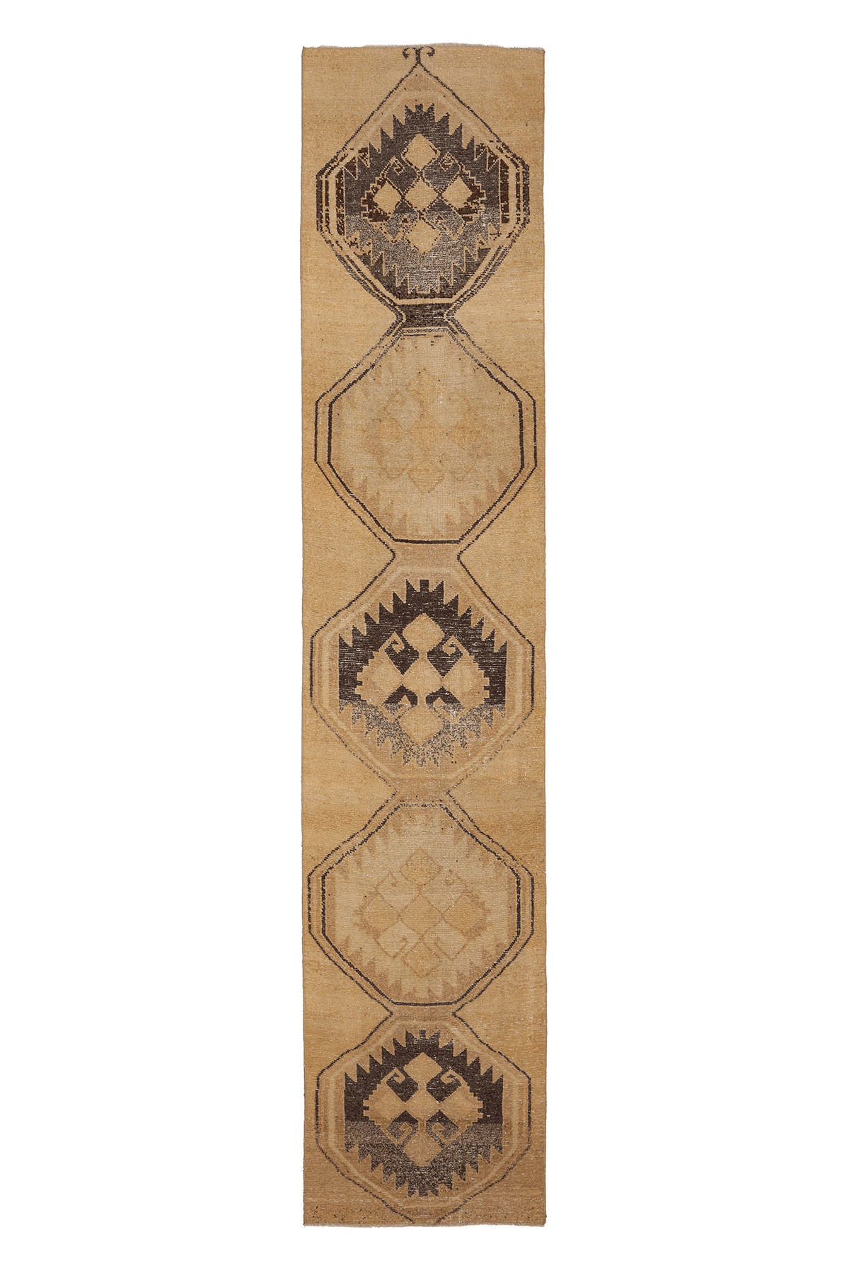 Vintage Malatya Turkish Runner Rug 2x13 ft — Beige & Brown Geometric