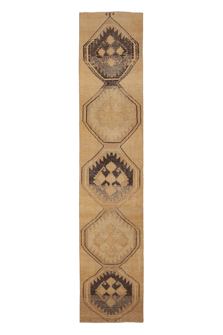 Vintage Malatya Turkish Runner Rug 2x13 ft — Beige & Brown Geometric