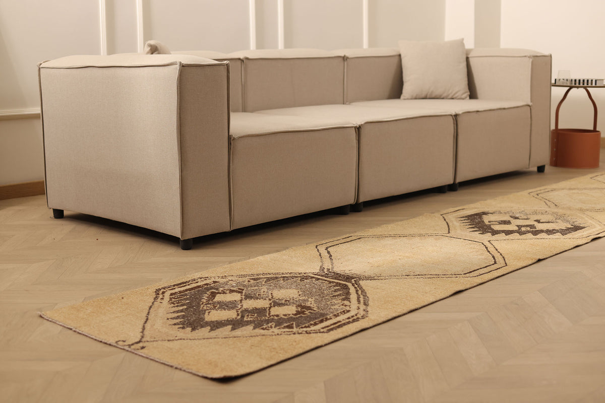 Vintage Malatya Turkish Runner Rug 2x13 ft — Beige & Brown Geometric