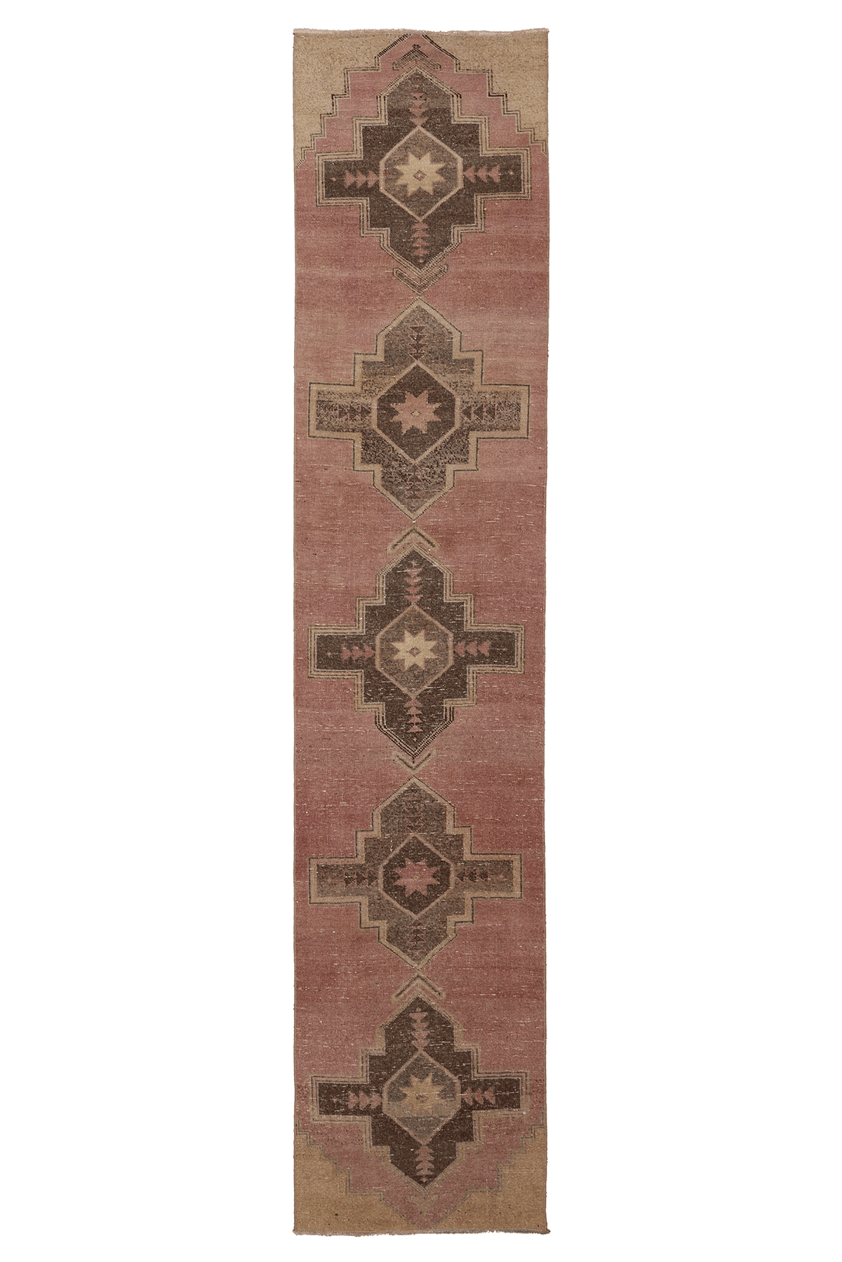 Vintage Malatya Turkish Runner Rug 2x10 ft — Pink & Brown Geometric