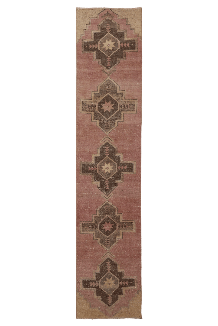 Vintage Malatya Turkish Runner Rug 2x10 ft — Pink & Brown Geometric