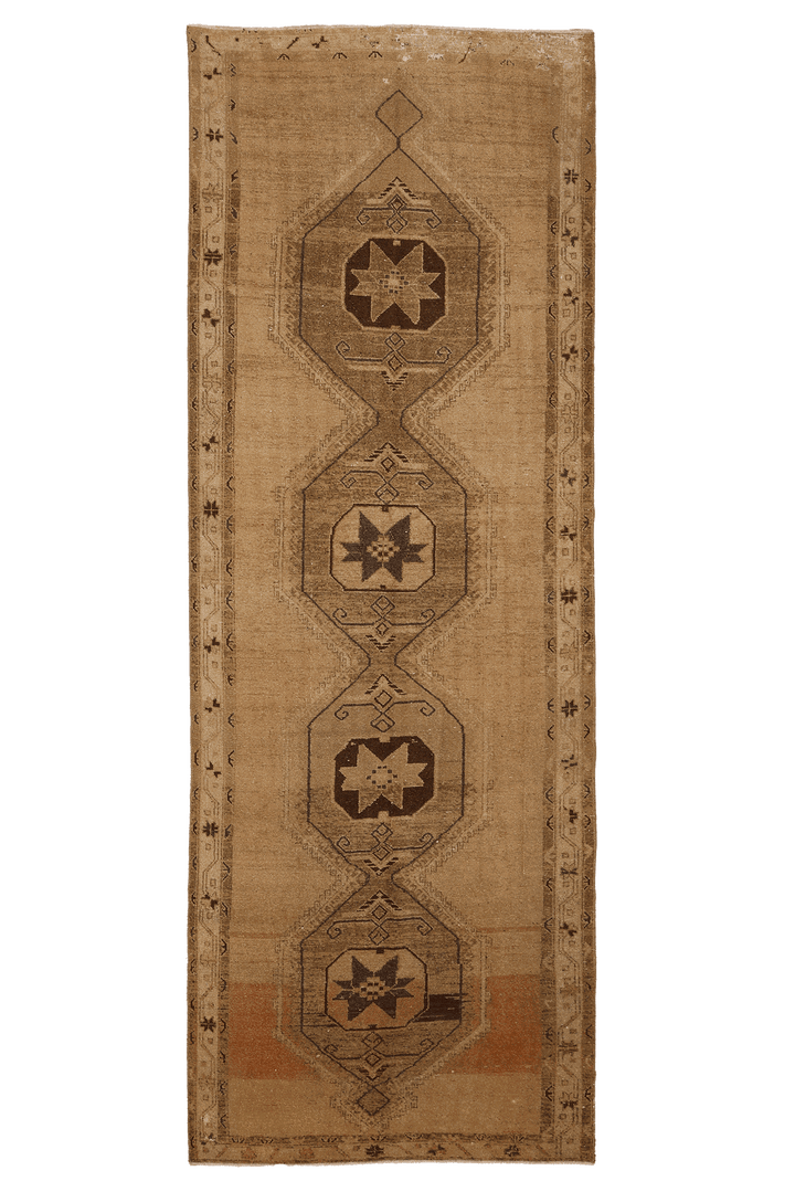 Vintage Malatya Turkish Runner Rug 4x12 ft — Beige & Brown Geometric