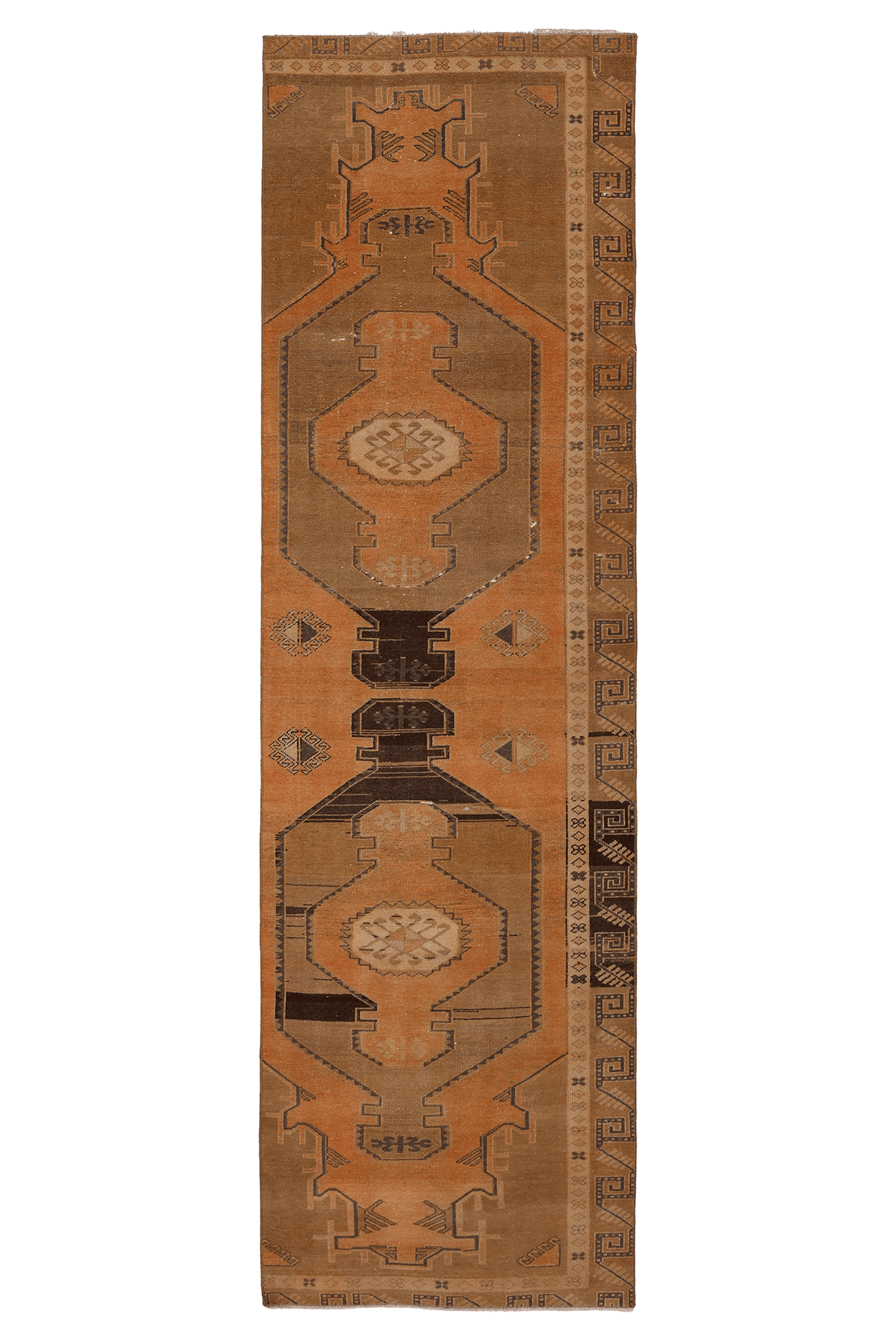 Vintage Sivas Turkish Runner Rug 2x9 ft — Orange & Brown Geometric
