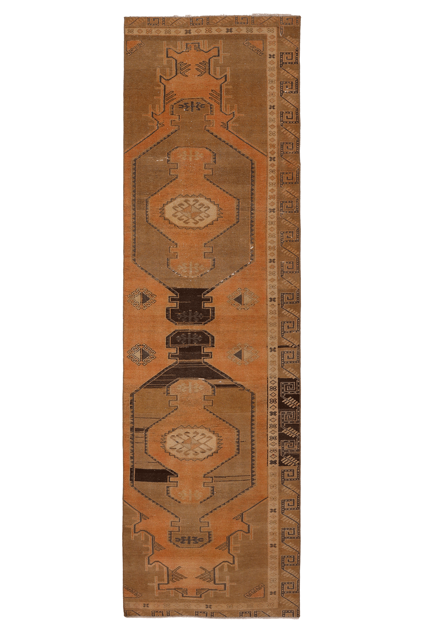 Vintage Sivas Turkish Runner Rug 2x9 ft — Orange & Brown Geometric