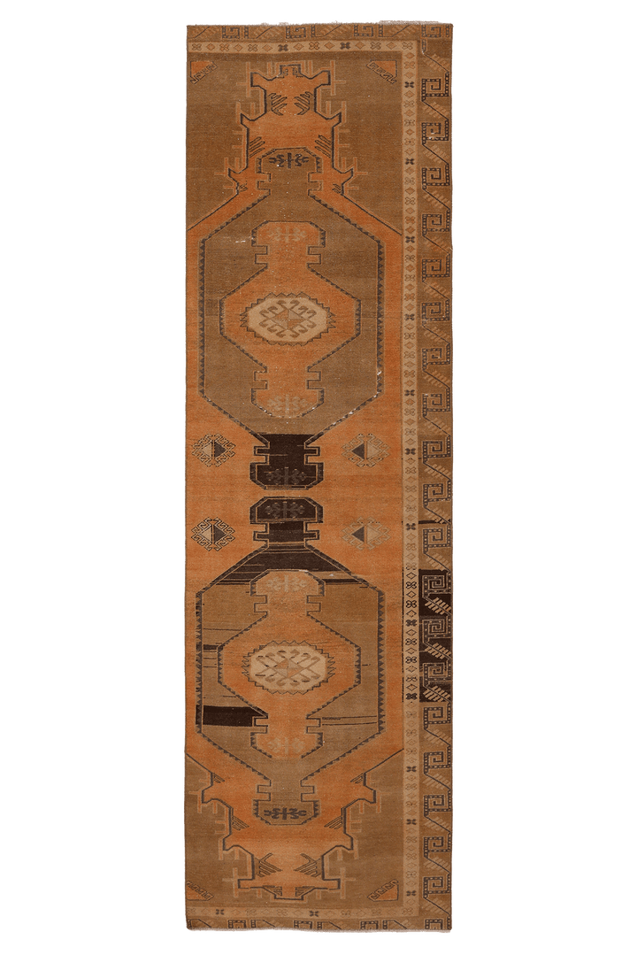 Vintage Sivas Turkish Runner Rug 2x9 ft — Orange & Brown Geometric