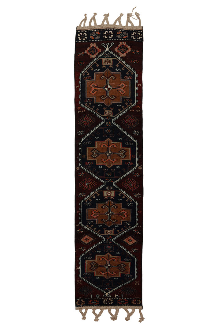 Vintage Malatya Turkish Runner Rug 2x10 ft — Brown & Blue Geometric