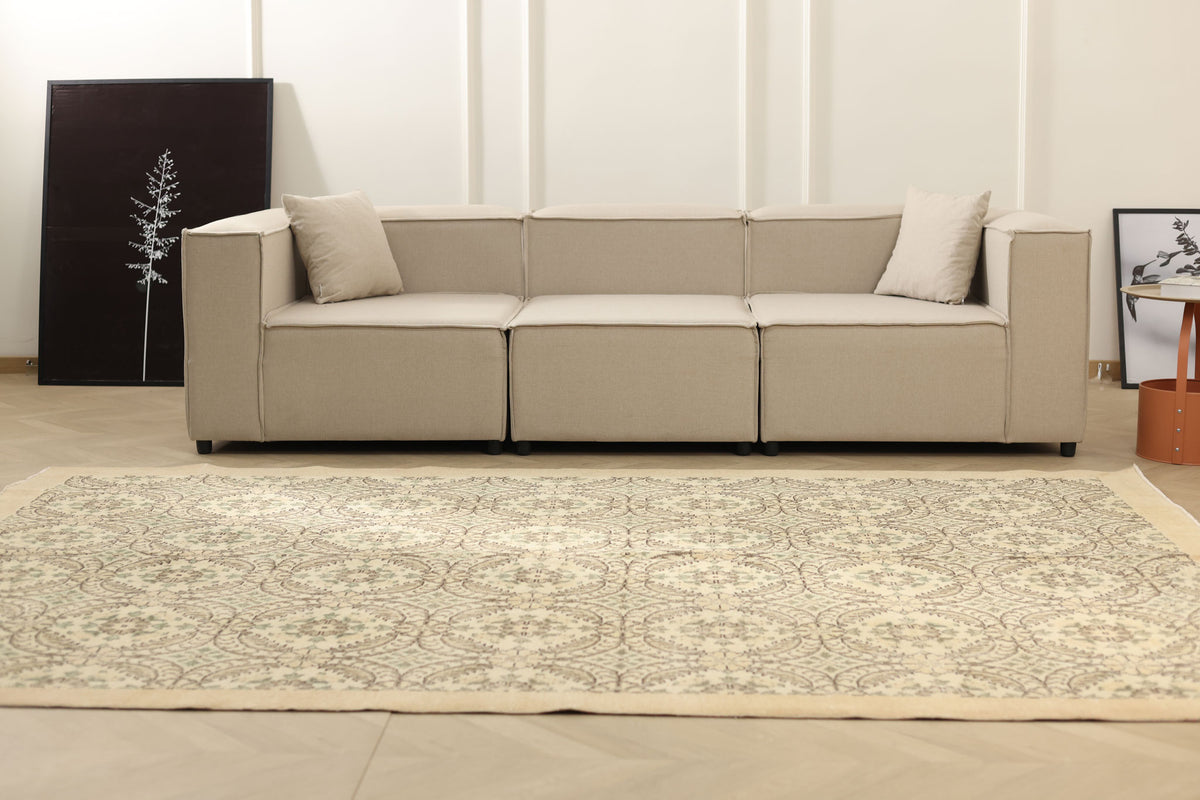 Vintage Isparta Turkish Area Rug 7x10 ft — Beige Floral (No. 56290)