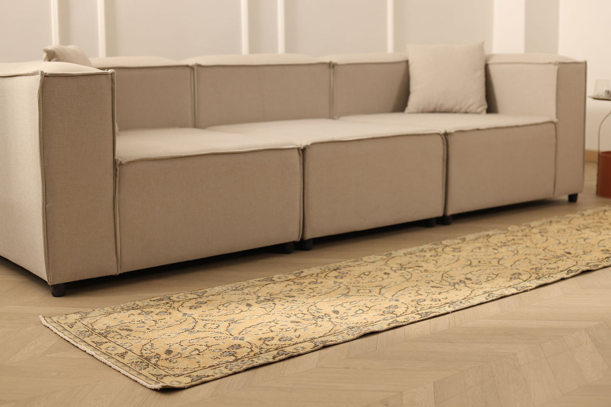 Vintage Manisa Turkish Runner Rug 2x10 ft — Beige Floral