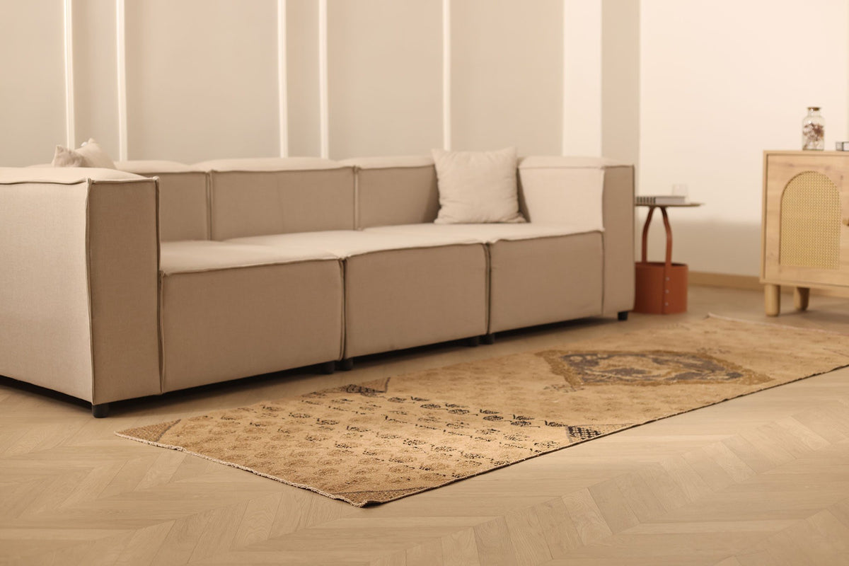 Vintage Sivas Turkish Runner Rug 3x10 ft — Brown & Beige Distressed