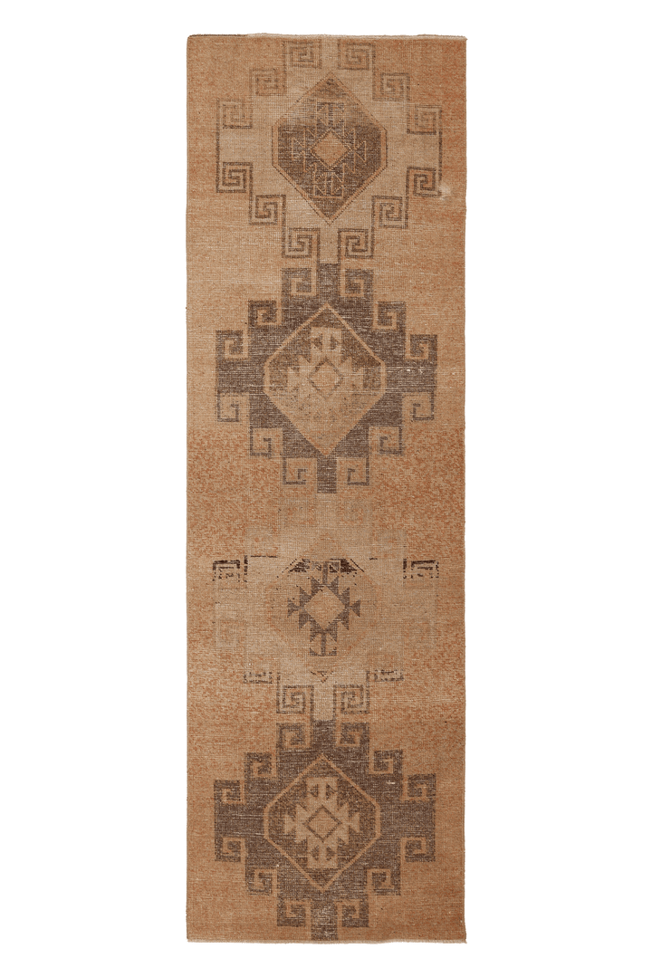 Vintage Malatya Turkish Runner Rug 3x10 ft — Beige & Brown Geometric