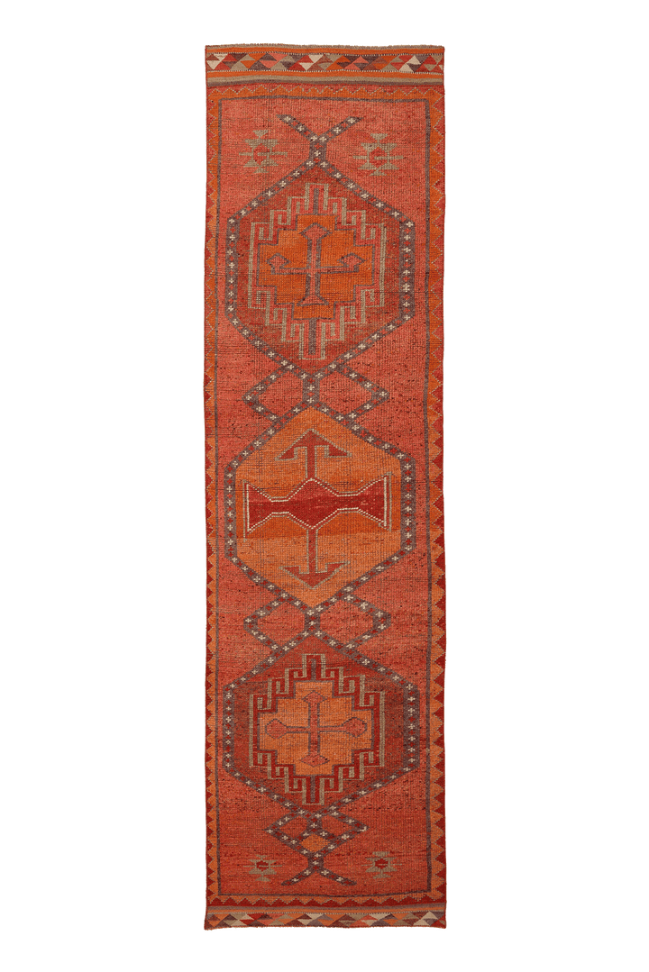 Vintage Southeastern Persian Style Runner Rug 3x12 ft — Orange & Red Geometric