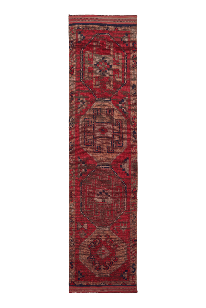 Vintage Southeastern Persian Style Runner Rug 3x11 ft — Red & Brown Geometric