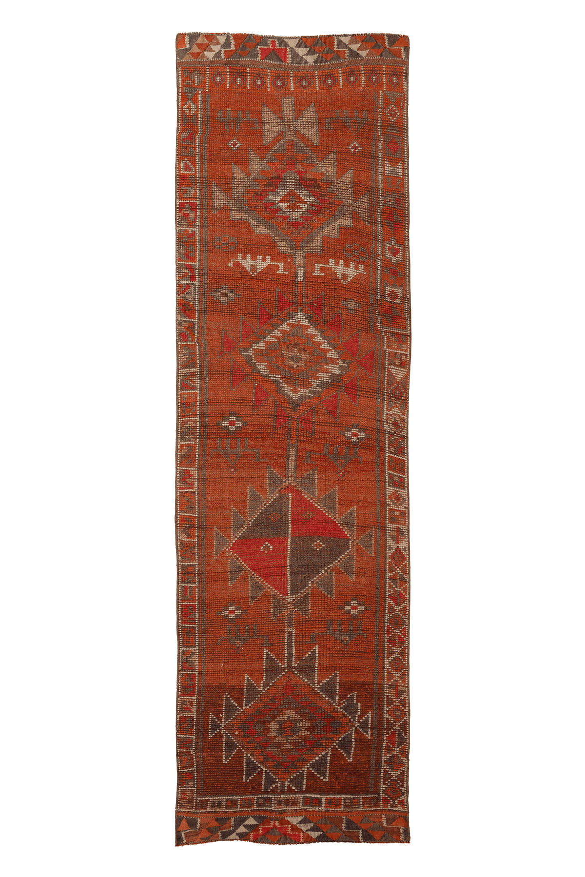 Vintage Southeastern Persian Style Runner Rug 3x11 ft — Brown & Red Geometric