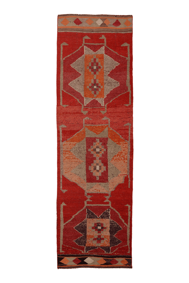 Vintage Southeastern Persian Style Runner Rug 3x10 ft — Red & Orange Geometric