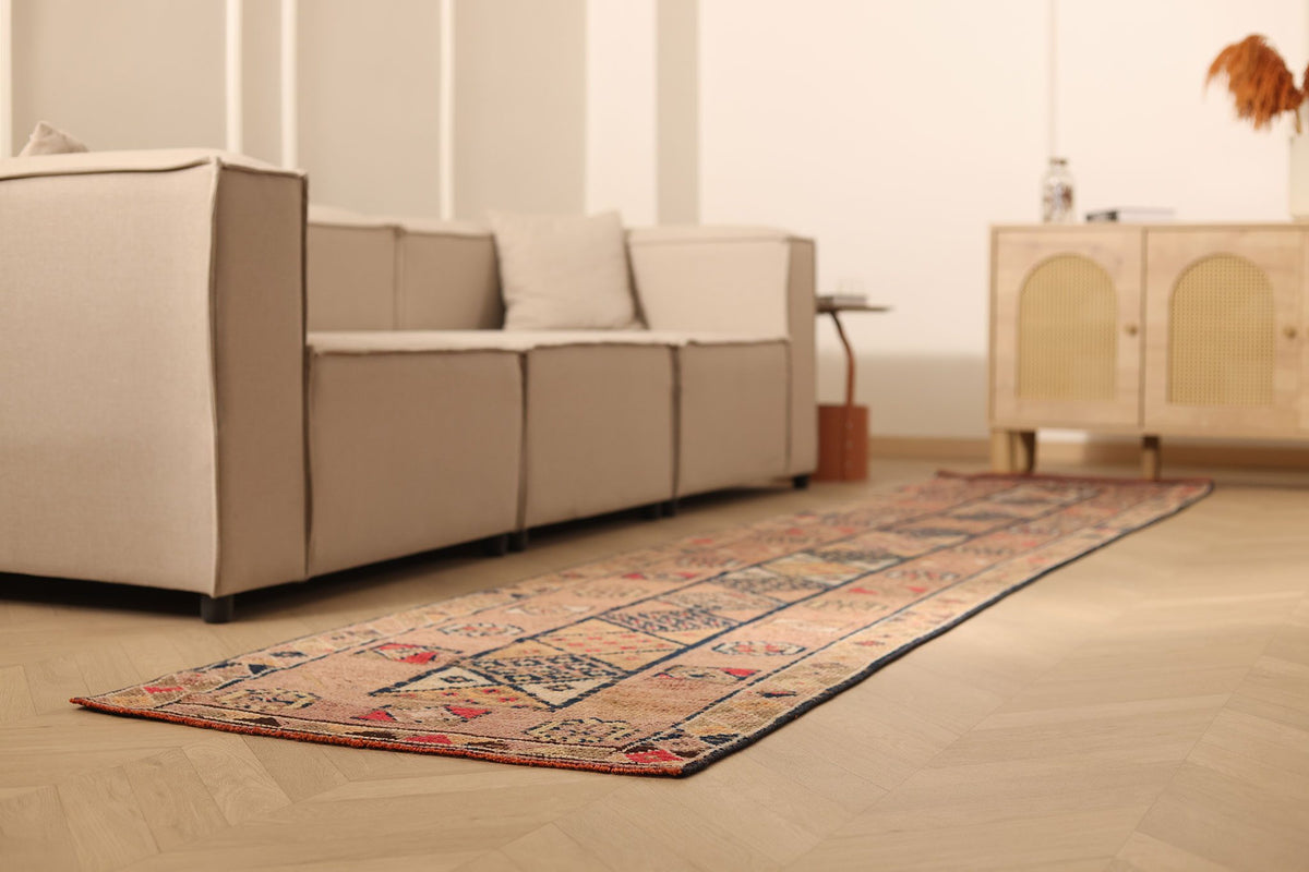 Vintage Southeastern Persian Style Runner Rug 3x12 ft — Brown & Beige Geometric