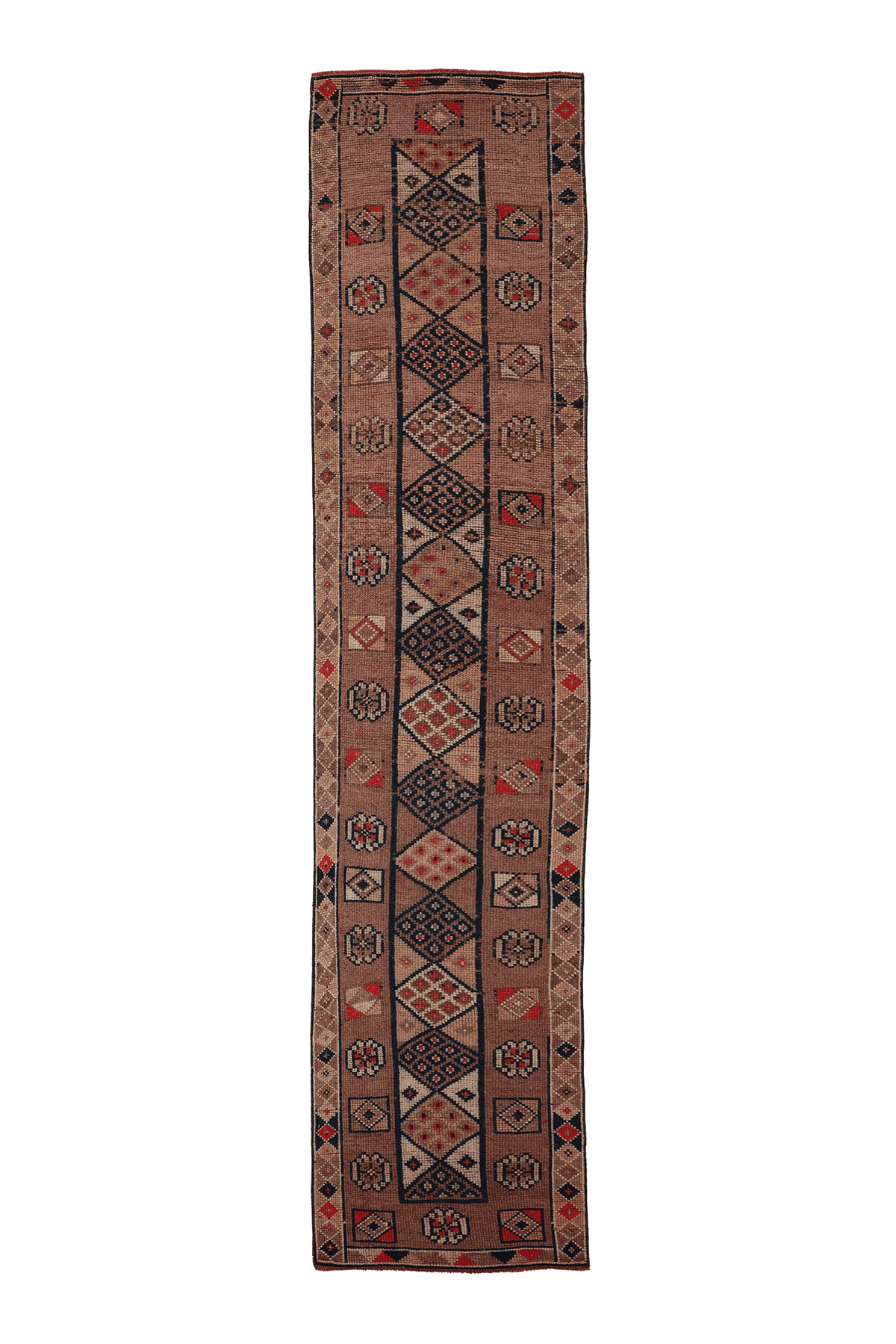 Vintage Southeastern Persian Style Runner Rug 3x12 ft — Brown & Beige Geometric