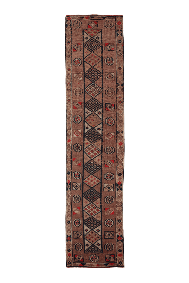 Vintage Southeastern Persian Style Runner Rug 3x12 ft — Brown & Beige Geometric