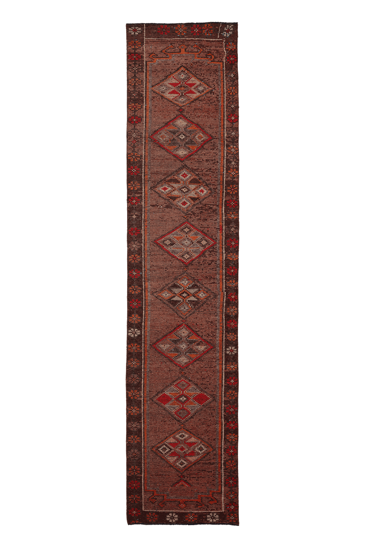 Vintage Southeastern Persian Style Runner Rug 3x12 ft — Brown & Red Geometric