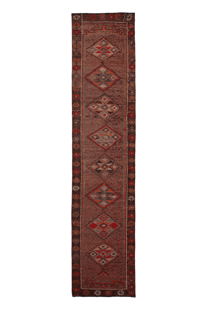 Vintage Southeastern Persian Style Runner Rug 3x12 ft — Brown & Red Geometric