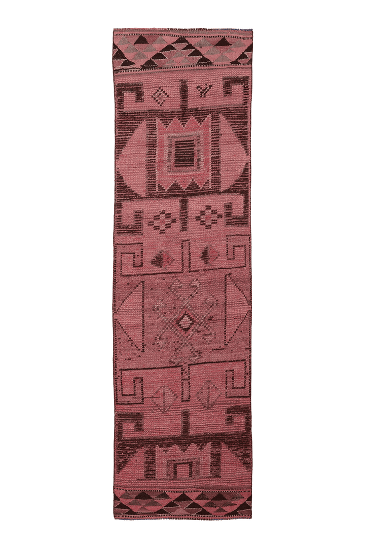 Vintage Southeastern Persian Style Runner Rug 2x9 ft — Pink & Brown Geometric