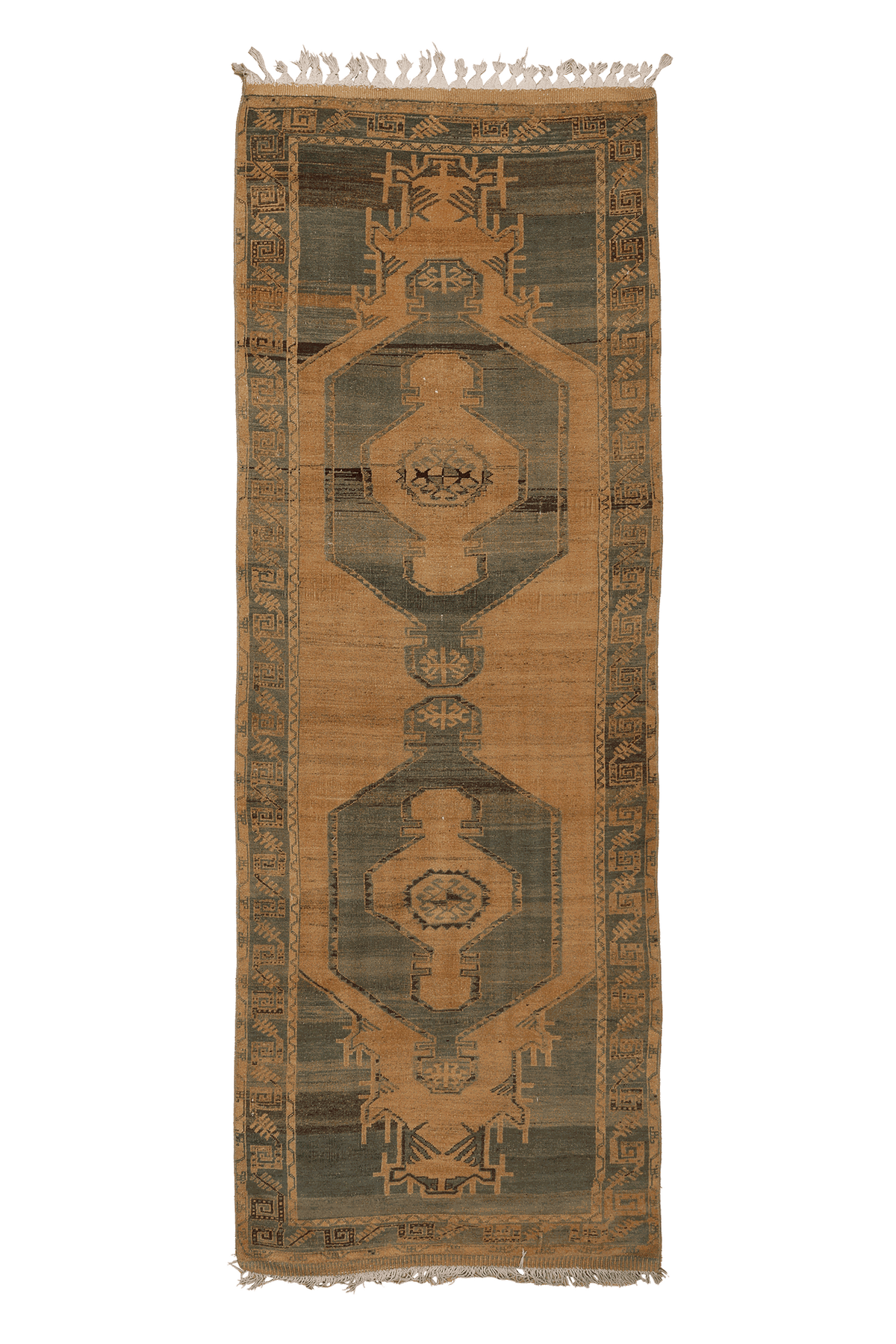 Vintage Malatya Turkish Runner Rug 4x10 ft — Beige & Green Geometric