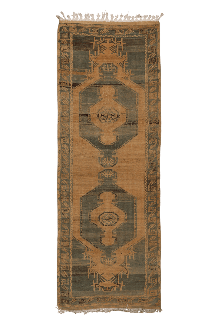 Vintage Malatya Turkish Runner Rug 4x10 ft — Beige & Green Geometric