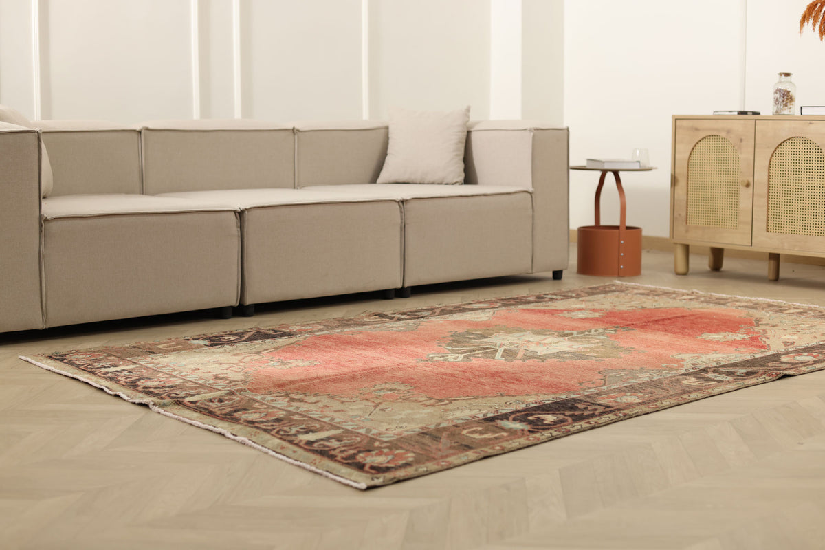 Vintage Sivas Turkish Area Rug 5x9 ft — Red & Brown Floral
