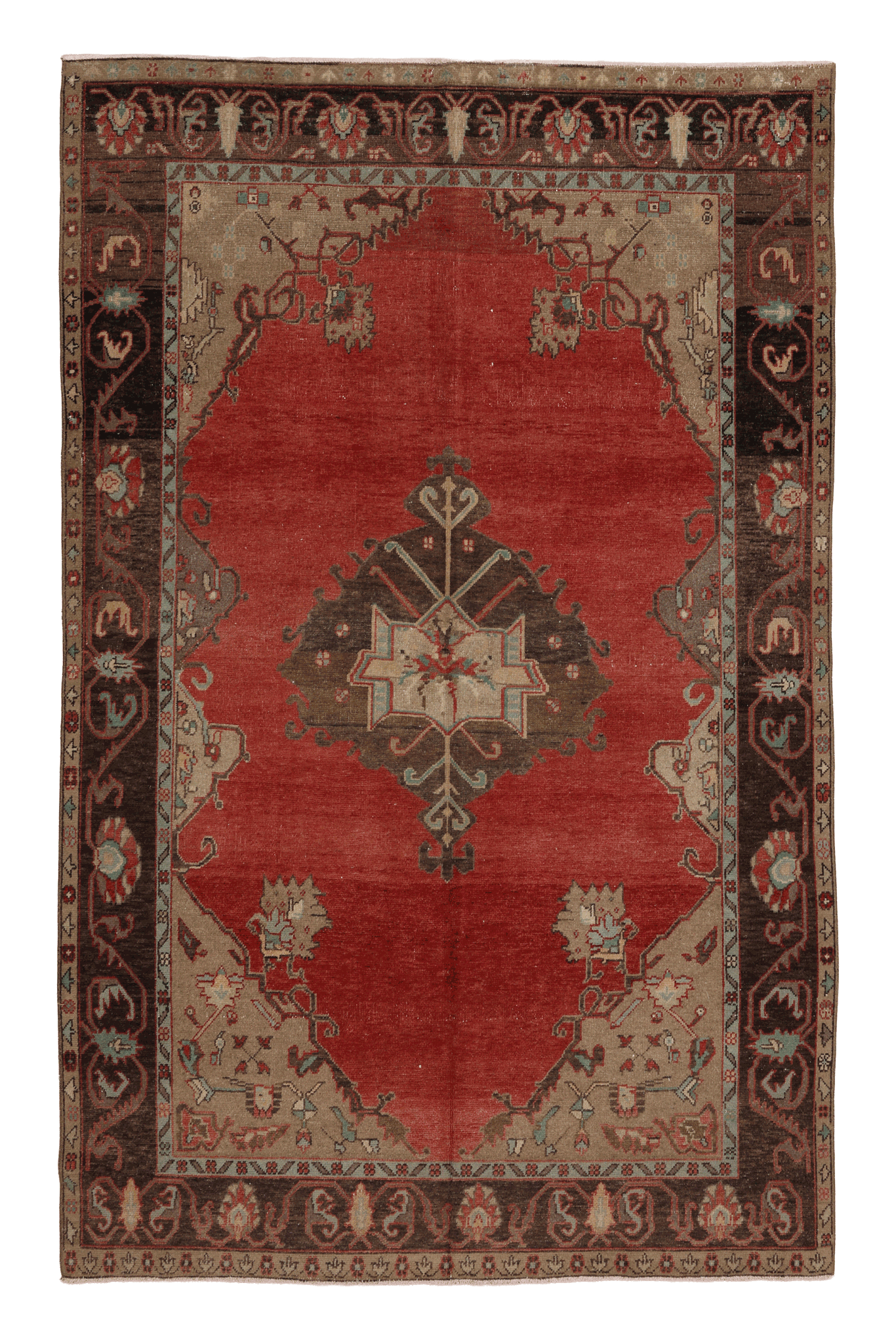 Vintage Sivas Turkish Area Rug 5x9 ft — Red & Brown Floral