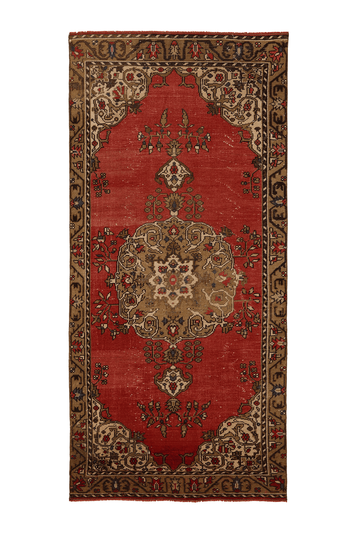 Vintage Çanakkale Turkish Runner Rug 4x9 ft — Red & Brown Floral