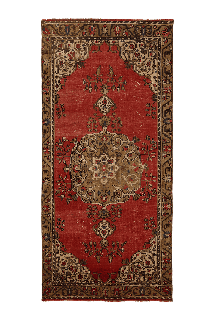 Vintage Çanakkale Turkish Runner Rug 4x9 ft — Red & Brown Floral