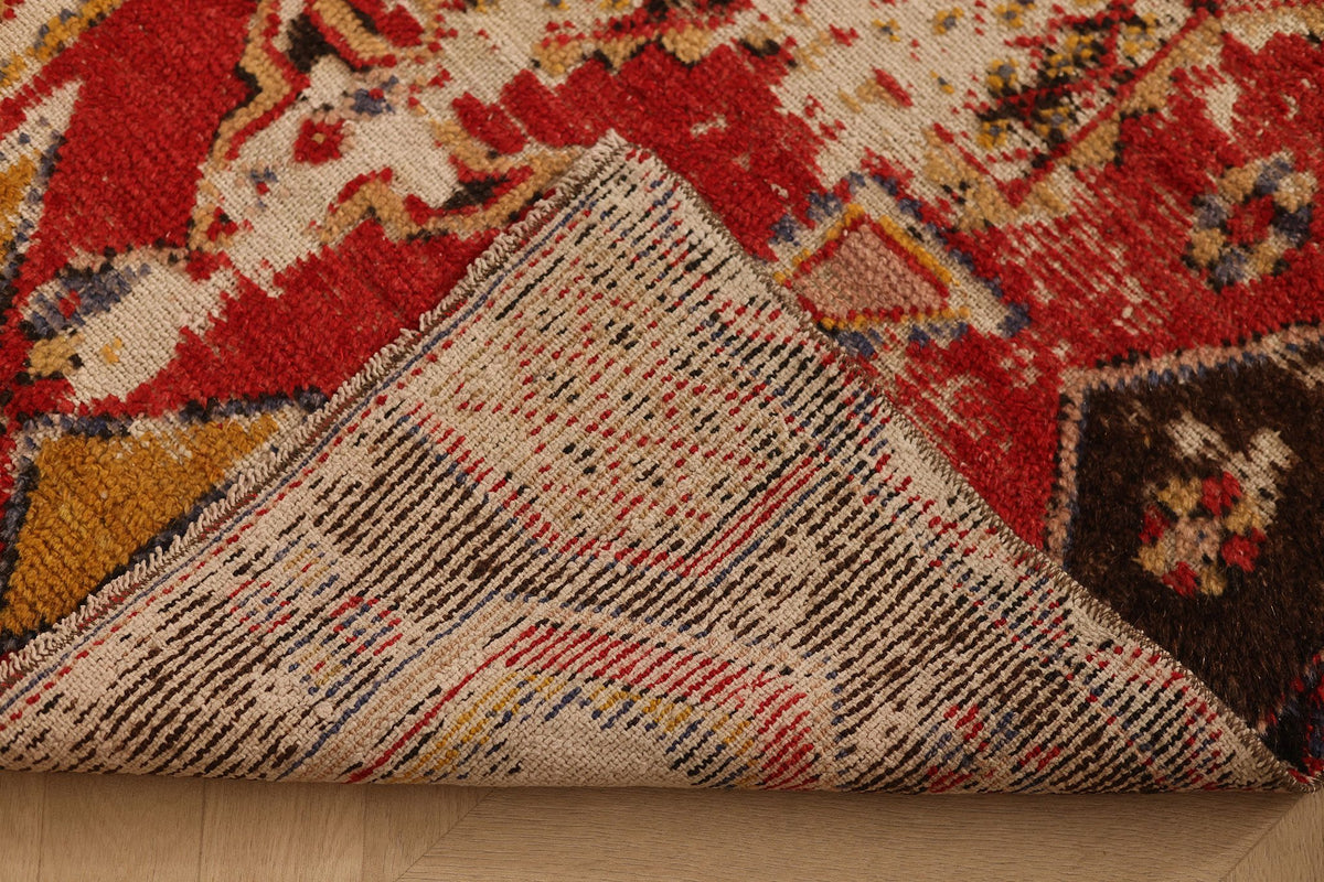 Vintage Malatya Turkish Area Rug 4x5 ft — Red & Brown Geometric