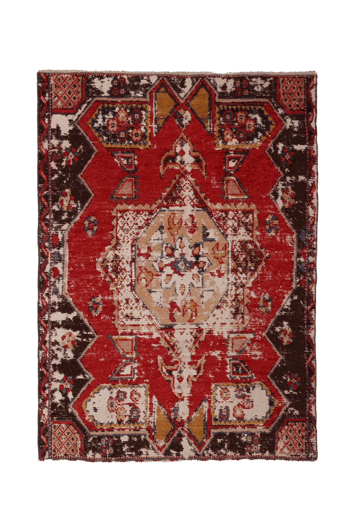 Vintage Malatya Turkish Area Rug 4x5 ft — Red & Brown Geometric