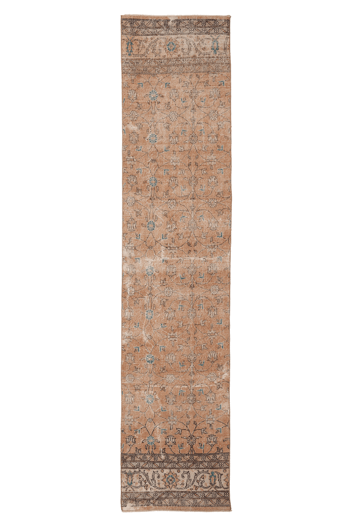 Vintage Isparta Turkish Runner Rug 3x12 ft — Brown & Beige Floral