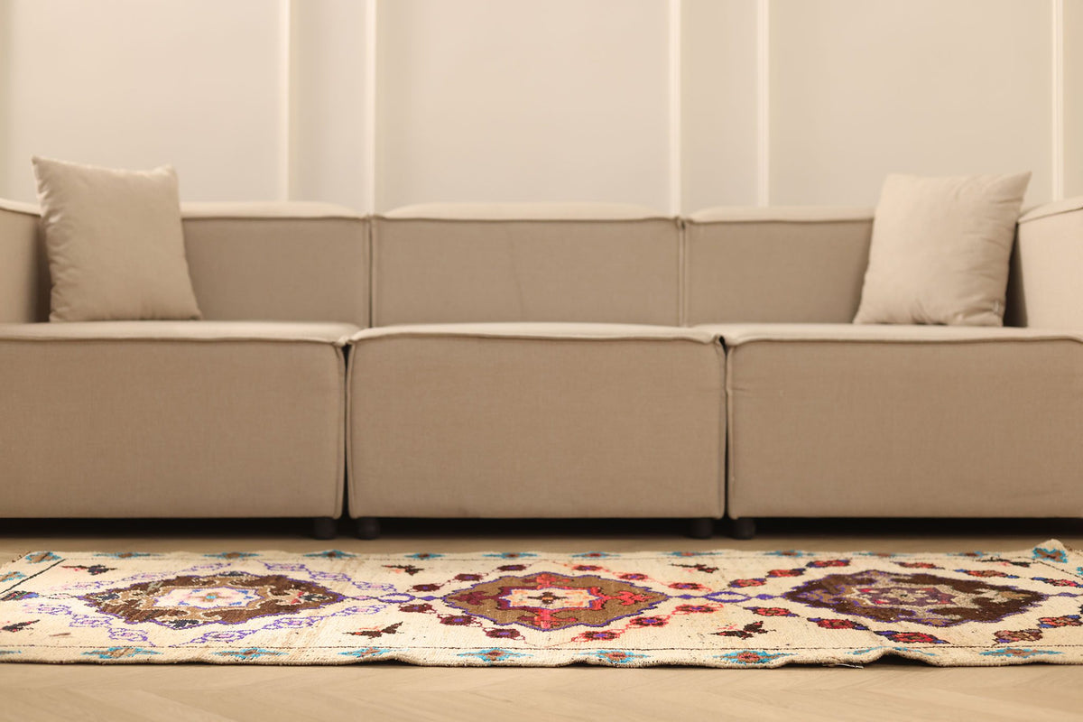 Vintage Konya Turkish Runner Rug 3x7 ft — Beige & Brown Geometric