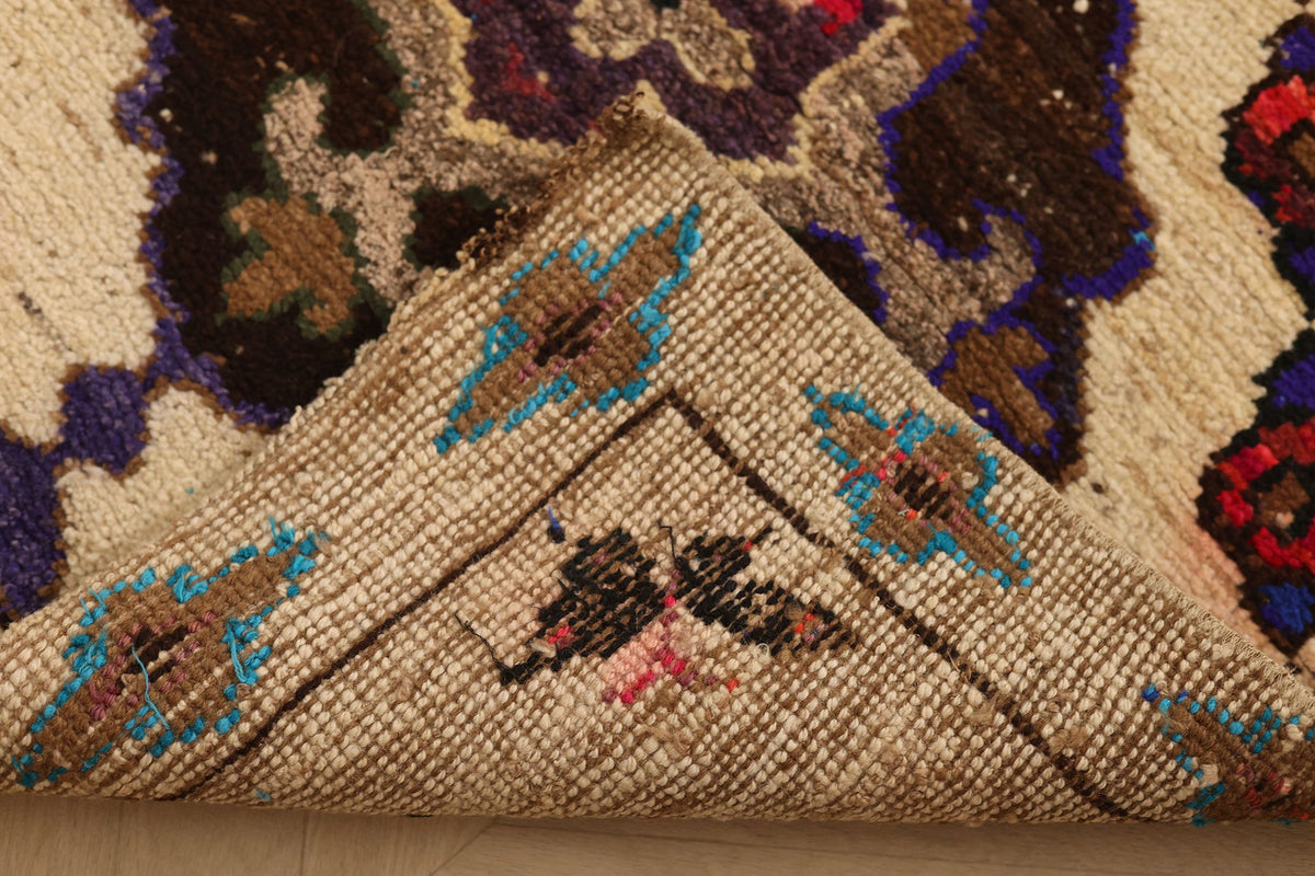 Vintage Konya Turkish Runner Rug 3x7 ft — Beige & Brown Geometric