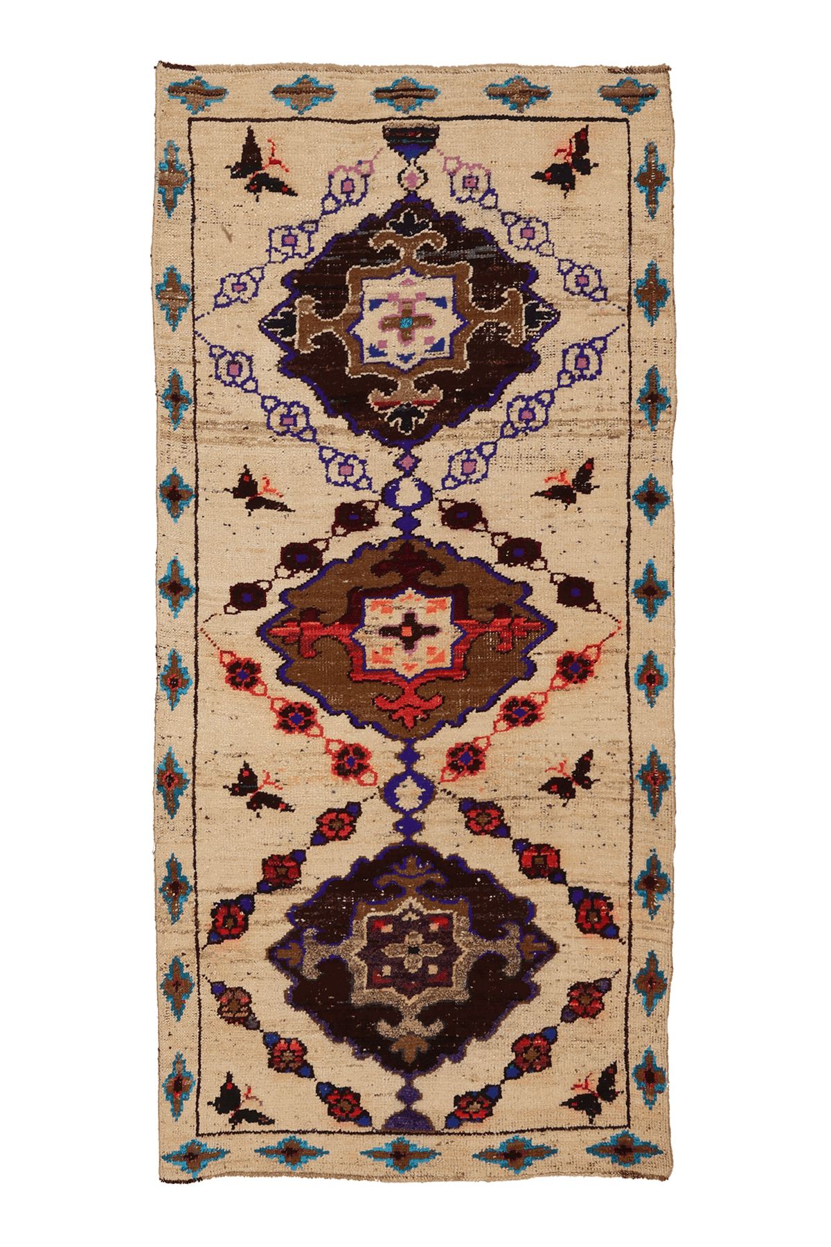 Vintage Konya Turkish Runner Rug 3x7 ft — Beige & Brown Geometric