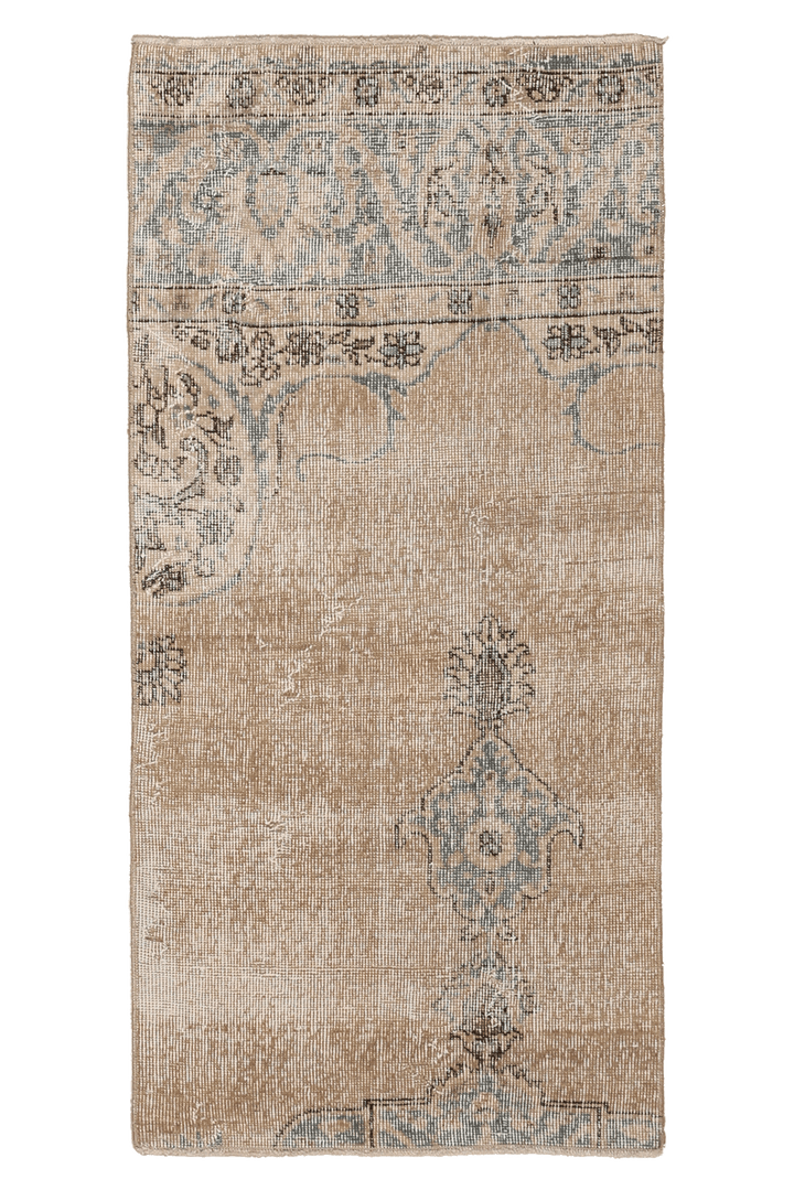 Vintage Isparta Turkish Runner Rug 2x4 ft — Beige & Blue Distressed