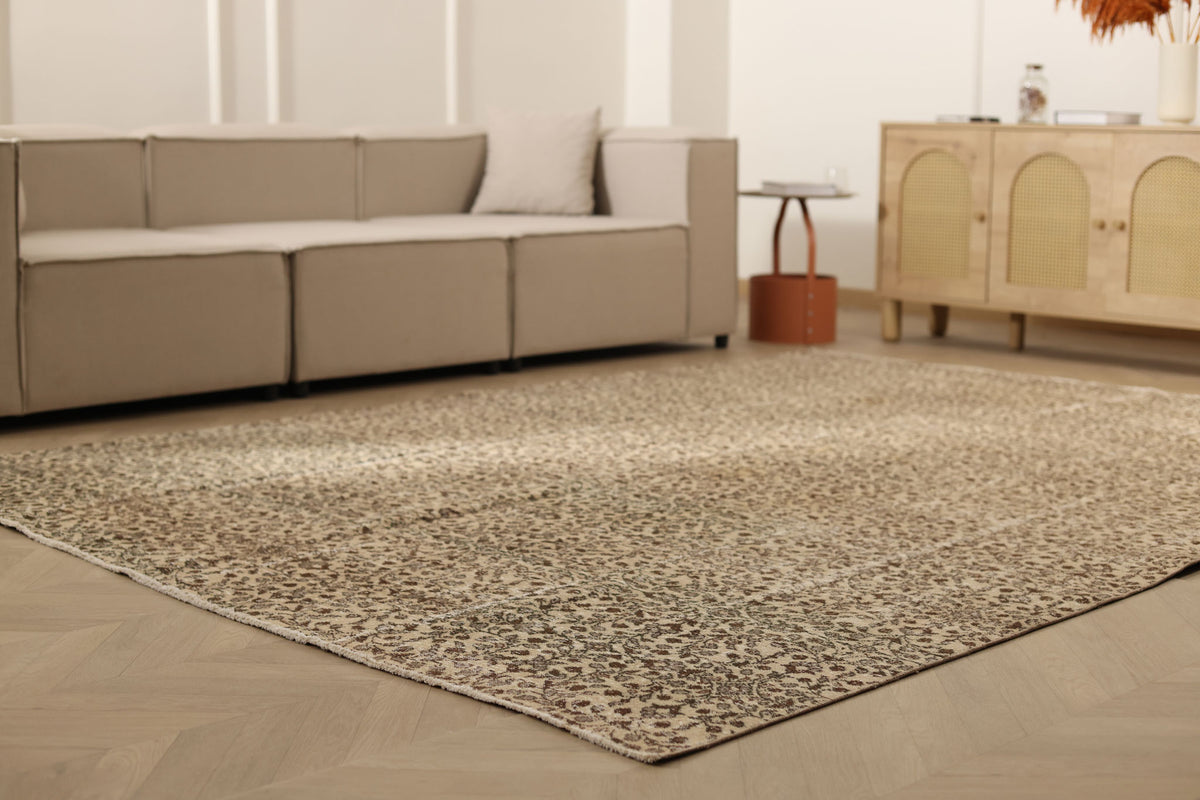 Vintage Isparta Turkish Area Rug 7x10 ft — Beige & Brown Floral (No. 56914)
