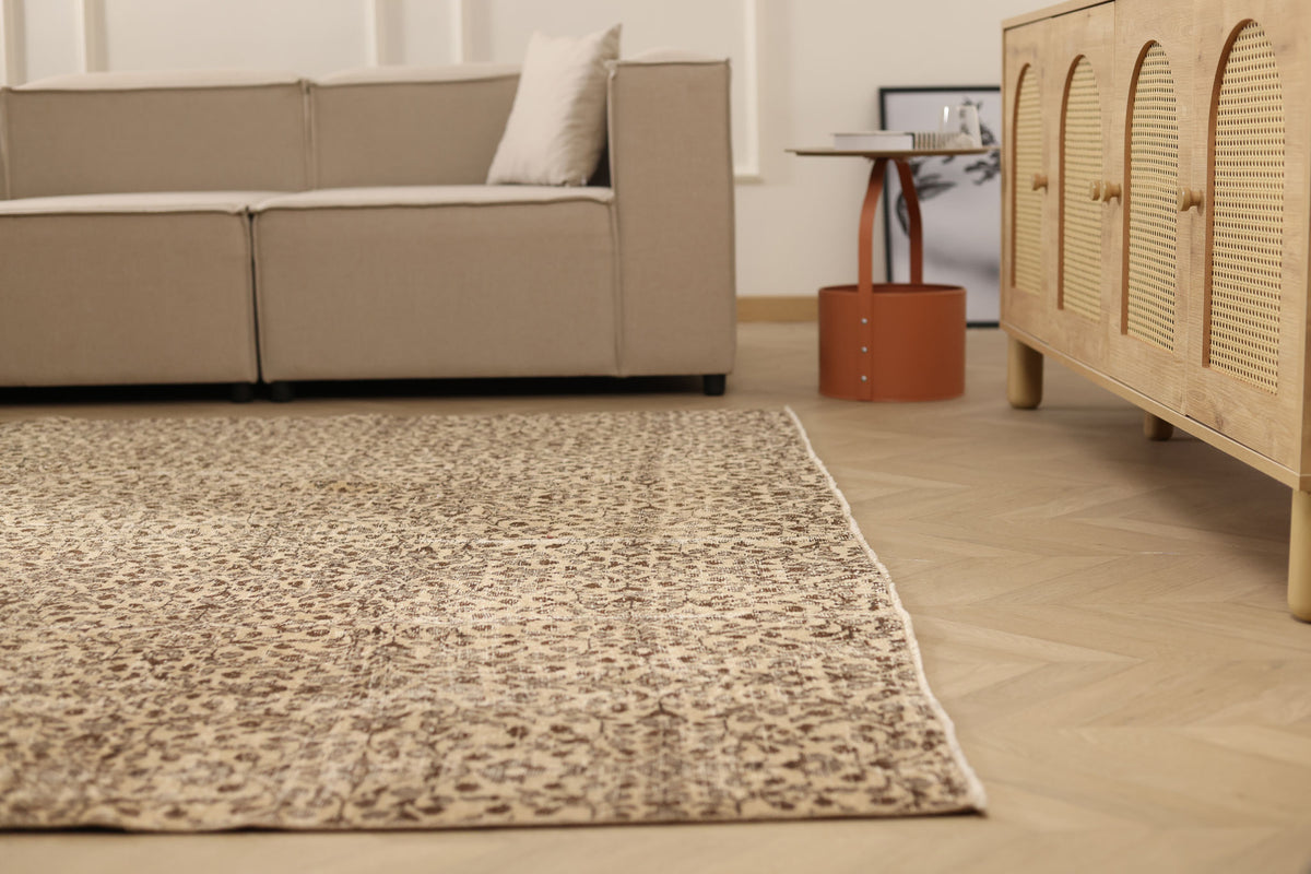 Vintage Isparta Turkish Area Rug 7x10 ft — Beige & Brown Floral (No. 56914)